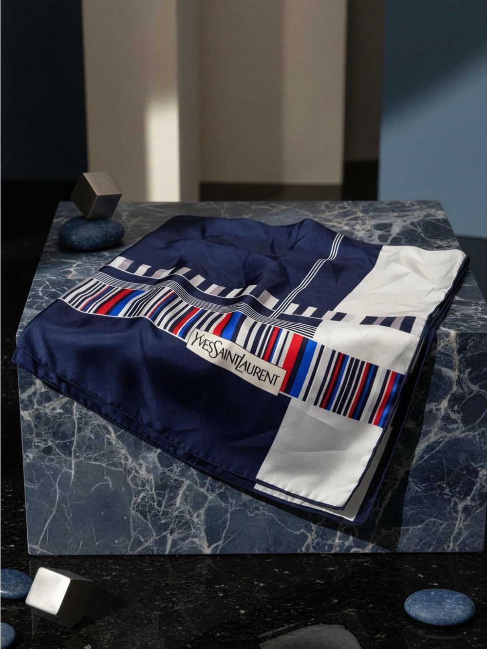 Yves Saint Laurent Navy, White & Multicolor Striped Silk Pocket Square